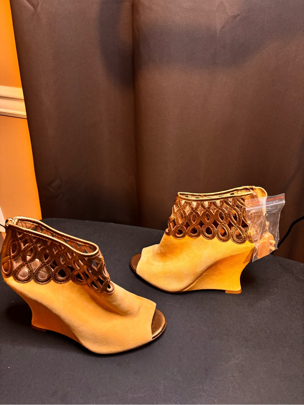 Elie Tahari Yellow Peep-Toe Wedge Suede Booties with Laser-Cut Collar